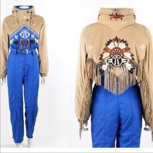 Bogner SZ 8, blue/ beige fringe unique vintage ski suit.